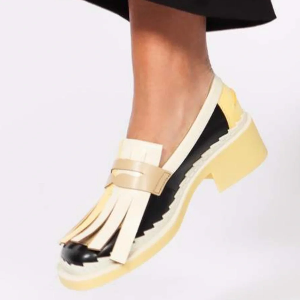 Camper Two-Tone Yellow, Black & Cream Kiltie Loafers - Picture 3 of 15